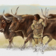 An artist’s imagining of the Elba women with the three aurochs, whose bones were all found together in a Spanish cave.